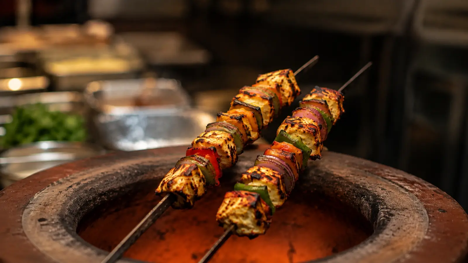 Tandoori paneer skewers resting over a glowing tandoor