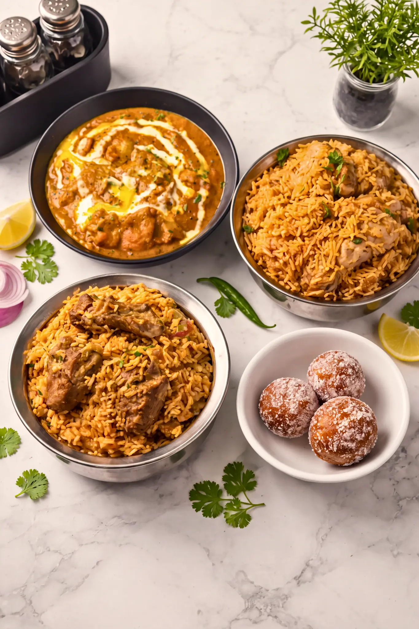 Four bowls of āhāra favourites arranged for sharing